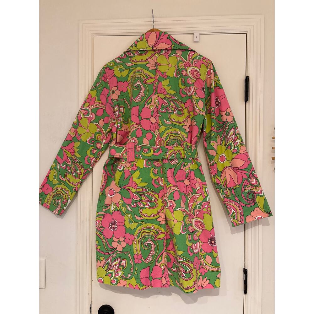 PAPPAGALLO Vintage Retro Spring Floral Pink Green Double Breasted Trench Coat 14 - Picture 2 of 8